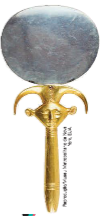 Espelho de mão egípcio em bronze com alça decorada (Hathor).