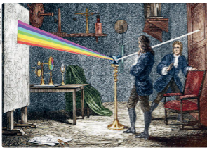 Experiência do prisma de Newton: luz branca dispersa num espectro.