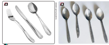 Comparação A e B: talheres de aço novos brilhantes e talheres antigos.
